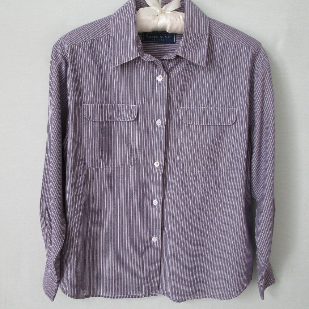 Karen Scott purple striped cotton long sleeve shirt *Sz PM*